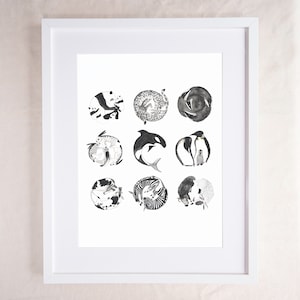 Monochrome Animal Illustrations Nursery Wall Art image 1