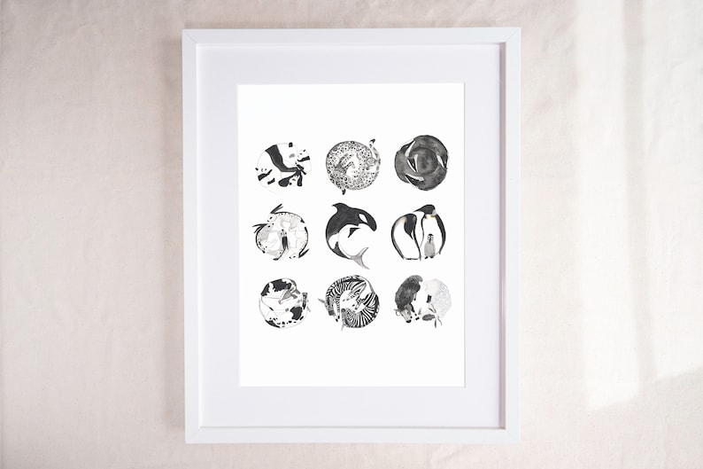 Monochrome Animal Illustrations Nursery Wall Art image 1