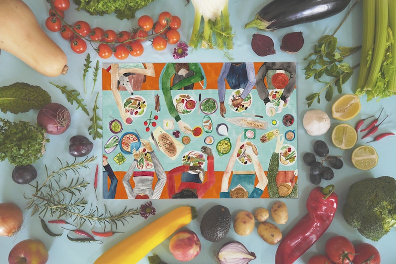 May include: A colorful illustration of a group of people sitting around a table, enjoying a meal together. The table is filled with various dishes, including salads, pasta, and bread. The illustration is surrounded by a variety of fresh vegetables and fruits, including tomatoes, lemons, and peppers.