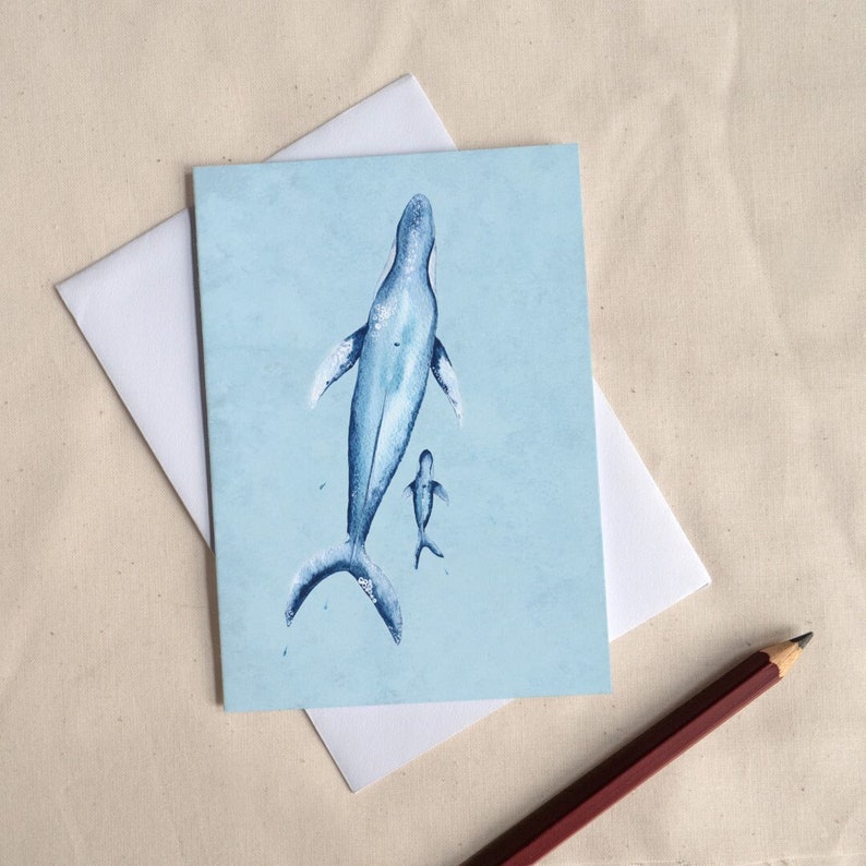 Mum Baby Whales Blue Card // New Baby New Mum Card // Watercolour Cute Whale Illustration image 1