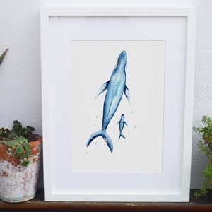 Watercolour Blue Whale Mother and Baby Art Print image 3