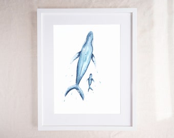 Watercolour Blue Whale Mother and Baby Art Print