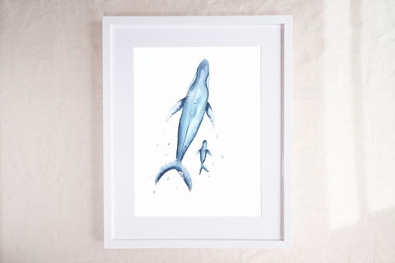 Watercolour Blue Whale Mother and Baby Art Print image 1