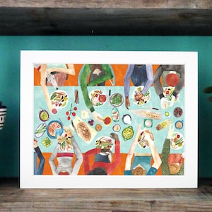 May include: A watercolor painting of a group of people sitting around a table, enjoying a meal together. The table is covered in a blue tablecloth and is filled with various dishes, including salads, bread, and other food items. The people are all wearing different clothes and have different hairstyles. The painting is done in a bright and cheerful style.