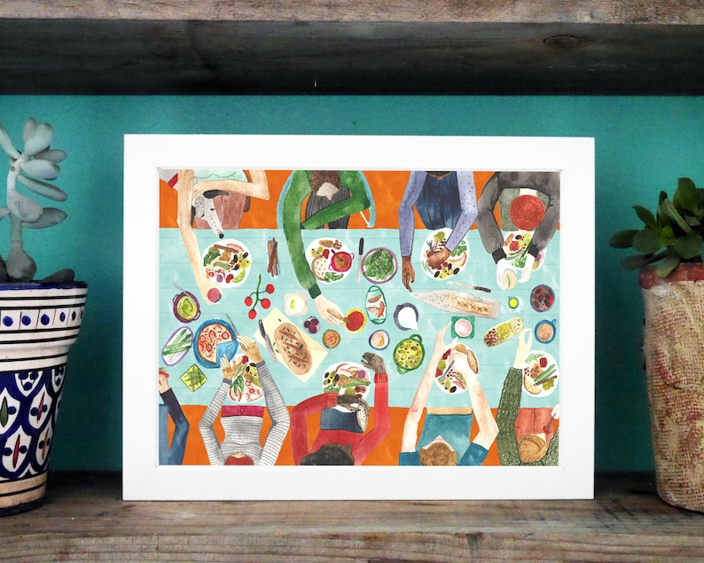 May include: A watercolor painting of a group of people sitting around a table, enjoying a meal together. The table is covered in a blue tablecloth and is filled with various dishes, including salads, bread, and other food items. The people are all wearing different clothes and have different hairstyles. The painting is done in a bright and cheerful style.