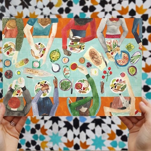 May include: A watercolor illustration of a group of people sitting around a table, enjoying a meal together. The table is covered in a blue tablecloth and is filled with various dishes, including salads, bread, and a pizza. The people are all wearing different clothes and have different skin tones. The illustration is painted in a bright and cheerful style.