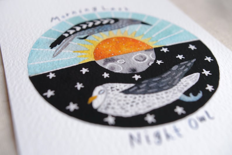 Night Owl, Morning Lark Watercolor Nursery Print image 5