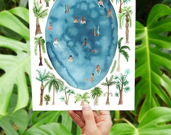 Wild Swimming Watercolour Art Print for Bathroom or Home Decor