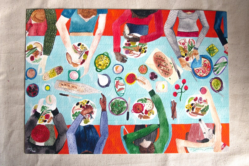Food Art Illustration of a Family Feast Dining Room Wall Art Etsy