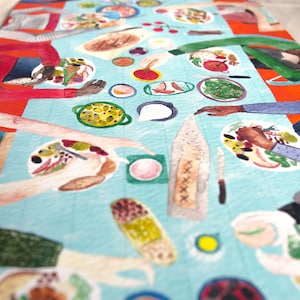 May include: A watercolor painting of a group of people gathered around a table, enjoying a meal. The table is covered in a blue tablecloth and is filled with various dishes, including salads, bread, and fruit. The people are all dressed in casual clothing and are smiling and laughing.