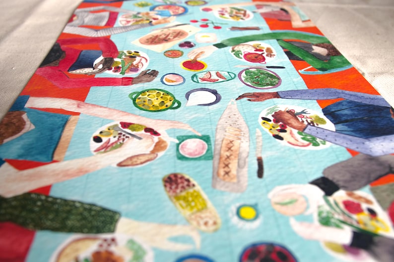 May include: A watercolor painting of a group of people gathered around a table, enjoying a meal. The table is covered in a blue tablecloth and is filled with various dishes, including salads, bread, and fruit. The people are all dressed in casual clothing and are smiling and laughing.