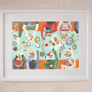 Ilustración de arte alimentario de una fiesta familiar - Arte de pared del comedor