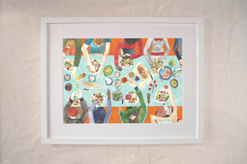 May include: A watercolor painting of a group of people gathered around a table, enjoying a meal. The table is covered in a blue tablecloth and is filled with various dishes, including salads, bread, and other food items. The people are all wearing different clothes and are interacting with each other.