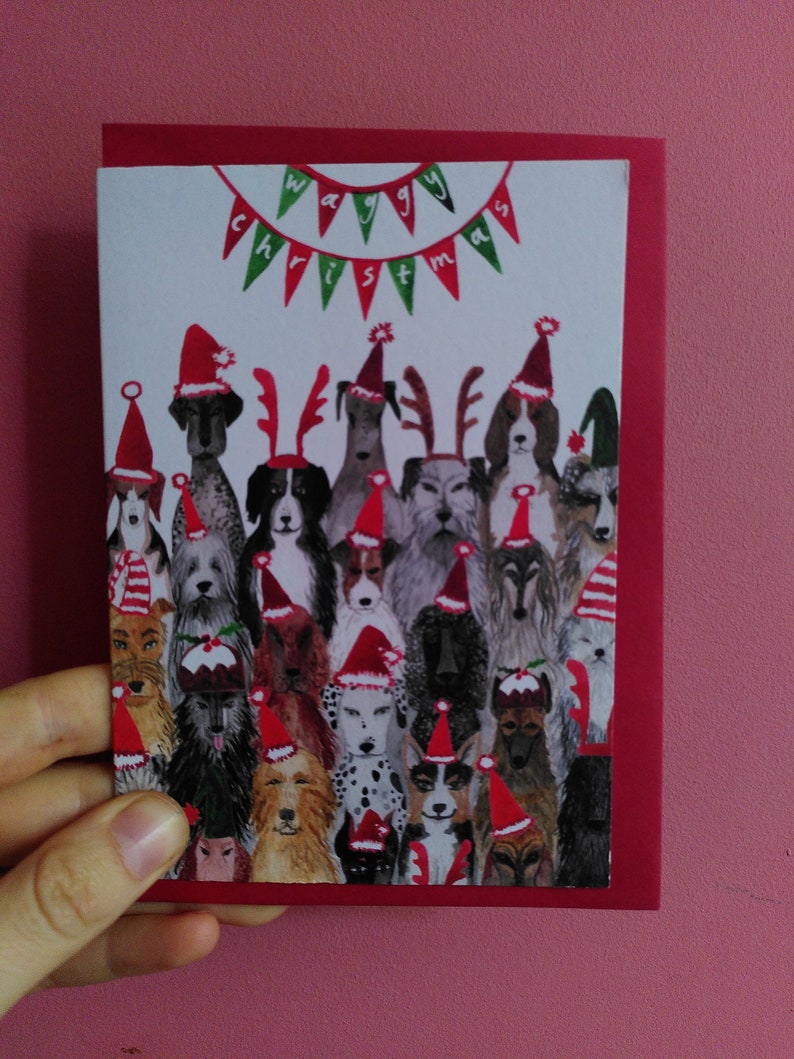 Dog Lovers Christmas Card // Waggy Christmas Dog Christmas Card // Dogs in Hats Christmas Xmas Card // Isle of Dogs image 3