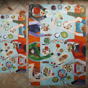 May include: A colorful illustration of a group of people sitting around a table, enjoying a meal. The table is covered with a blue tablecloth and is filled with various dishes, including a large platter of food, bowls of salad, and plates of bread. The people are all wearing different clothes and have different hairstyles. The illustration is done in a watercolor style and has a whimsical feel.