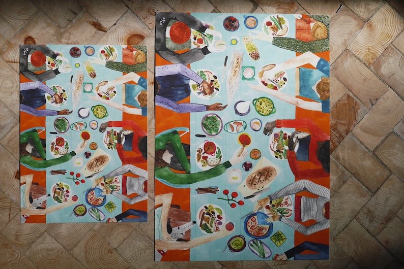 May include: A colorful illustration of a group of people sitting around a table, enjoying a meal. The table is covered with a blue tablecloth and is filled with various dishes, including a large platter of food, bowls of salad, and plates of bread. The people are all wearing different clothes and have different hairstyles. The illustration is done in a watercolor style and has a whimsical feel.
