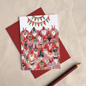 Carte de Noël pour les amoureux des chats//carte de Noël chat de Noël miaou//carte de Noël chats dans des chapeaux//carte dame chat