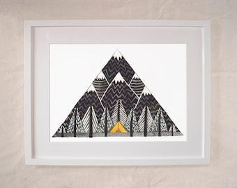 Camping Mountain Illustration Print | Tent Mountain Wanderlust