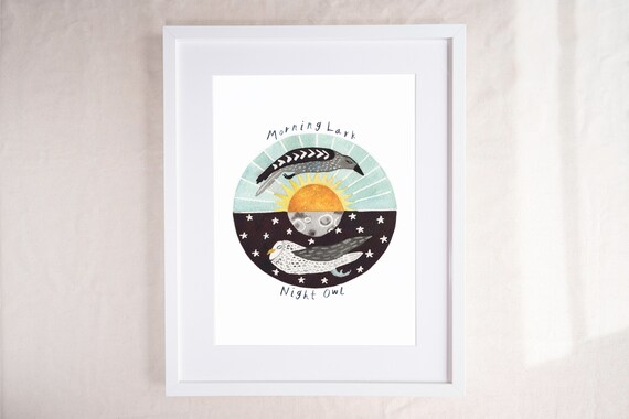 Night Owl, Morning Lark Watercolor Nursery Print
