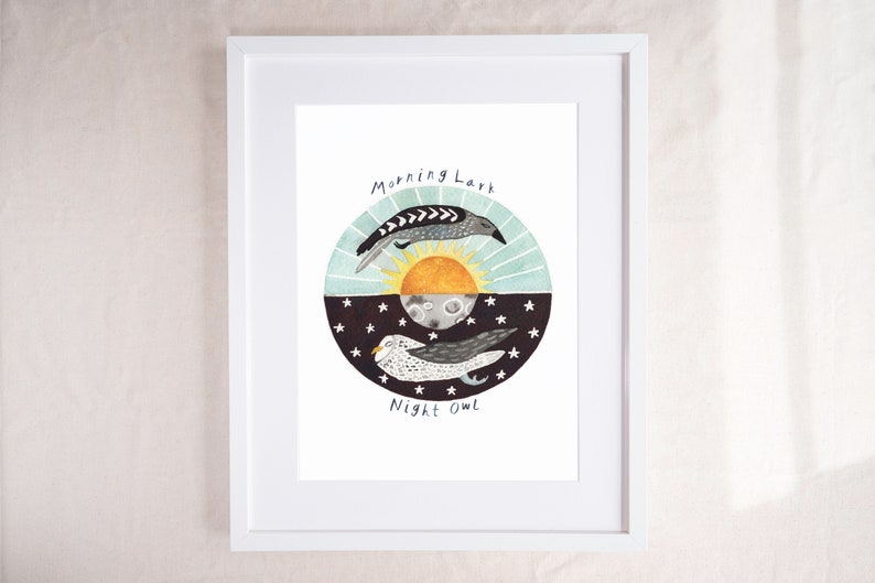 Night Owl, Morning Lark Watercolor Nursery Print image 1