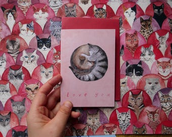 Tarjeta de gato con acuarela pintada a mano • Saludo de amor, nota de aniversario