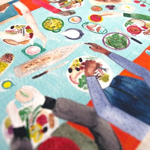 May include: A watercolor illustration of a group of people gathered around a table, enjoying a meal. The table is covered in a blue tablecloth and is filled with plates of food, including salads, vegetables, and bread. The people are wearing colorful clothing and are interacting with each other.