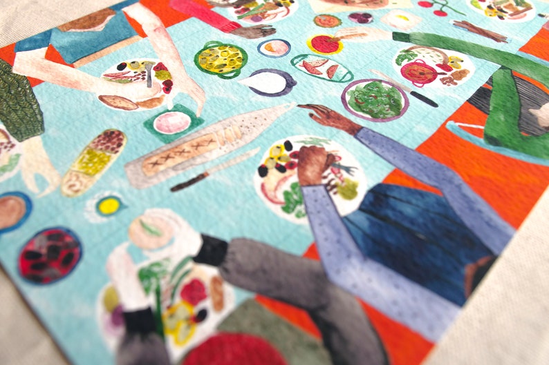 May include: A watercolor illustration of a group of people gathered around a table, enjoying a meal. The table is covered in a blue tablecloth and is filled with plates of food, including salads, vegetables, and bread. The people are wearing colorful clothing and are interacting with each other.