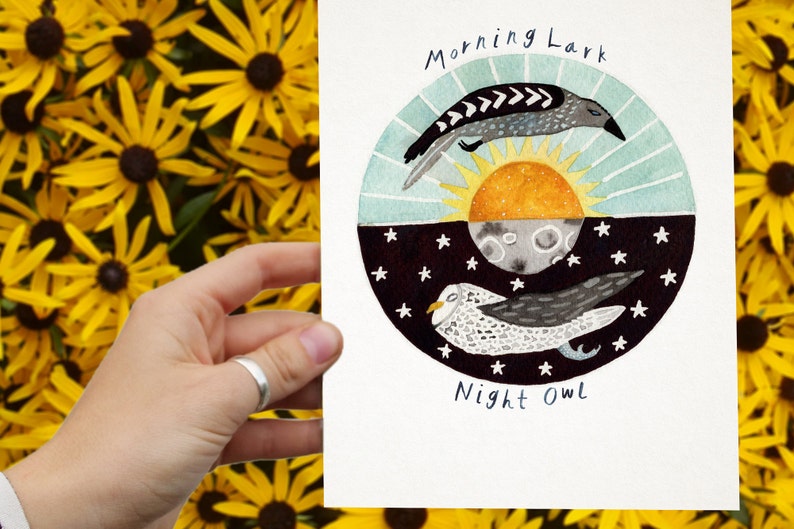 Night Owl, Morning Lark Watercolor Nursery Print image 4