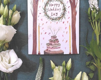 Happy Wedding Day card - woodland wedding art gift