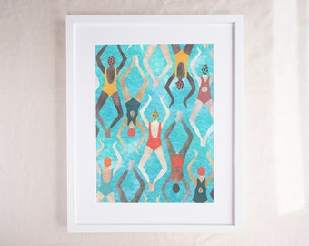 Synchronized Swimmers Art Print, Colorful Watercolour, Open Water Swimming