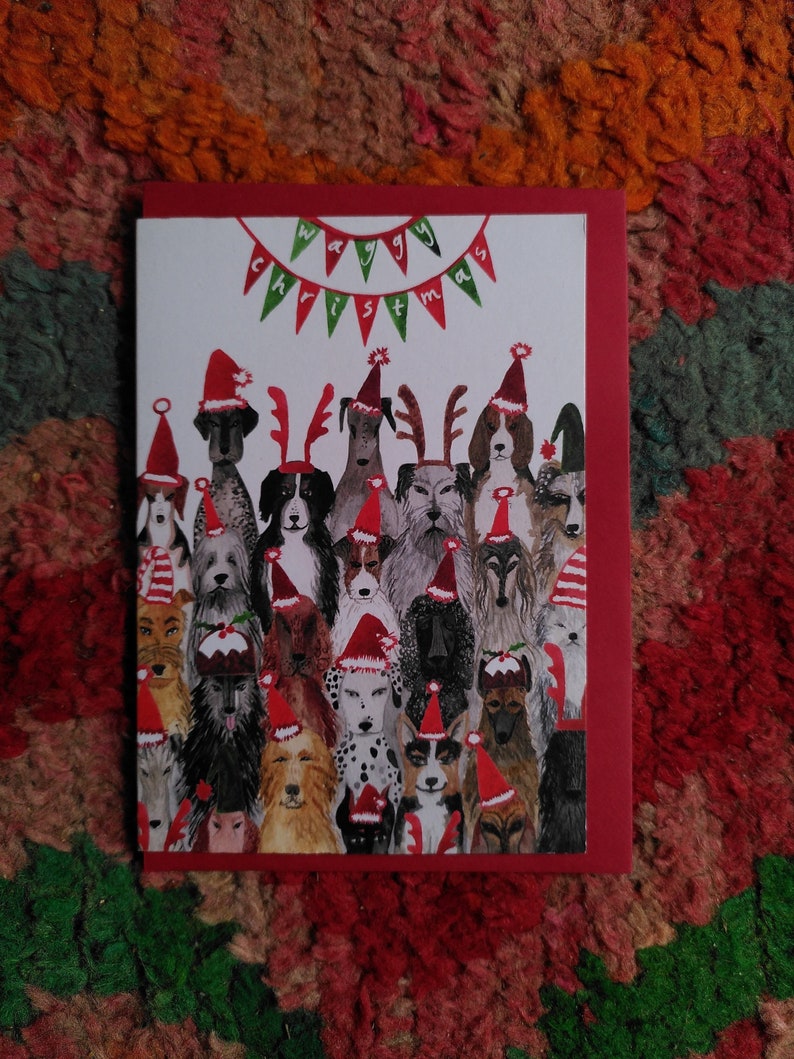 Dog Lovers Christmas Card // Waggy Christmas Dog Christmas Card // Dogs in Hats Christmas Xmas Card // Isle of Dogs image 1