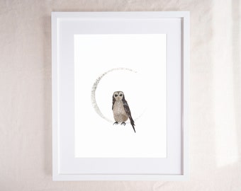 Moon Owl Giclée Print | Watercolor Night Owl, Forest Animals Art
