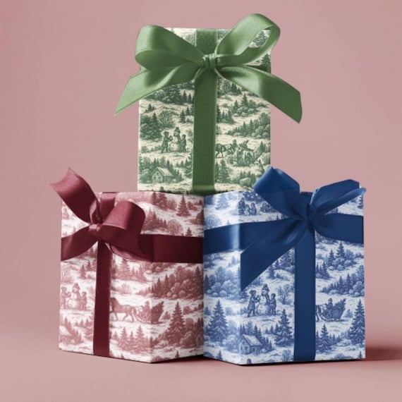 French Toile Christmas Wrapping Paper | Blue, Red, Green, Pink, Black, Brown Gift Wrap
