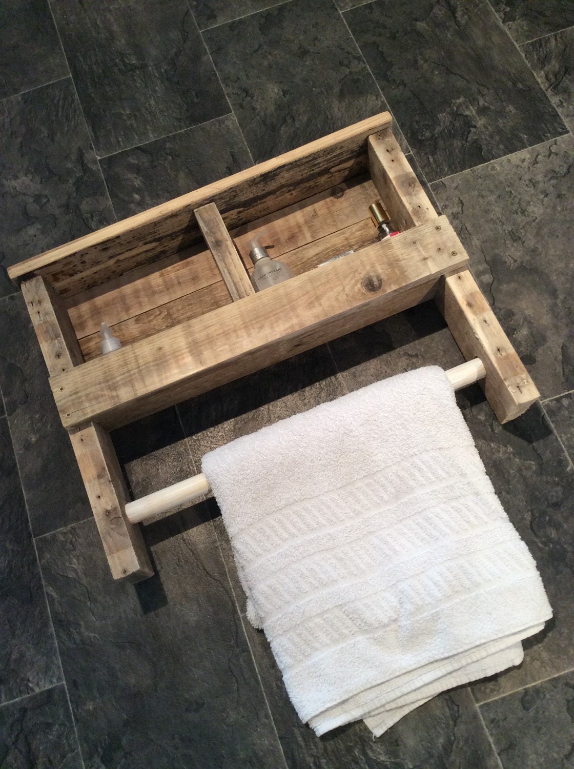 Rustic Wooden Towel Rail With Shelf Made From Reclaimed Pallet Etsy