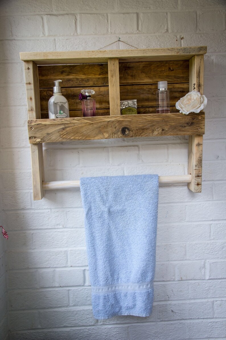 Rustic Wooden Towel Rail With Shelf Made From Reclaimed Pallet Etsy