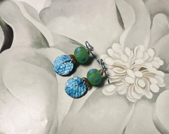 Dottie Discs - Aqua Turquoise Polka Dot Lampwork Polymer earrings
