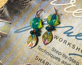 Nouveau - Teal Lampwork Stained Glass Leaves earrings