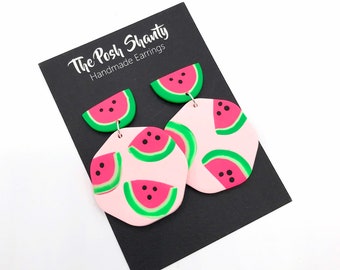 Watermelon Earrings, Pink Earrings, Pink Clay Earrings, Birthday Gift for Sister, Fruit Earrings, Gift for Friend, Pink and Green Jewelry