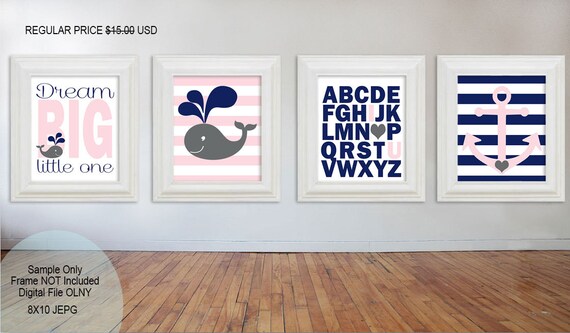 8x10 Nautical Nursery Soft Pink Nautical Whale Nursery Anchor