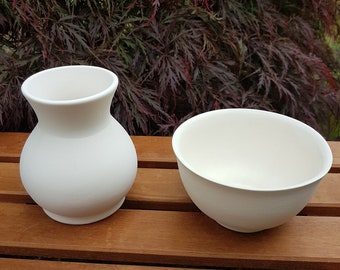 Paint Your Own Vase & Bowl Set Kit, Classic Ceramic Pottery Flower Bisque Vase, For Dried Flowers + Pot Pourri, Bowl Blank For Painting