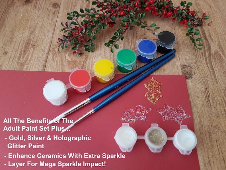 6 different coloured acrylic paints in a strip & 3 different glitters with a pair of detail paintbrushes for adults