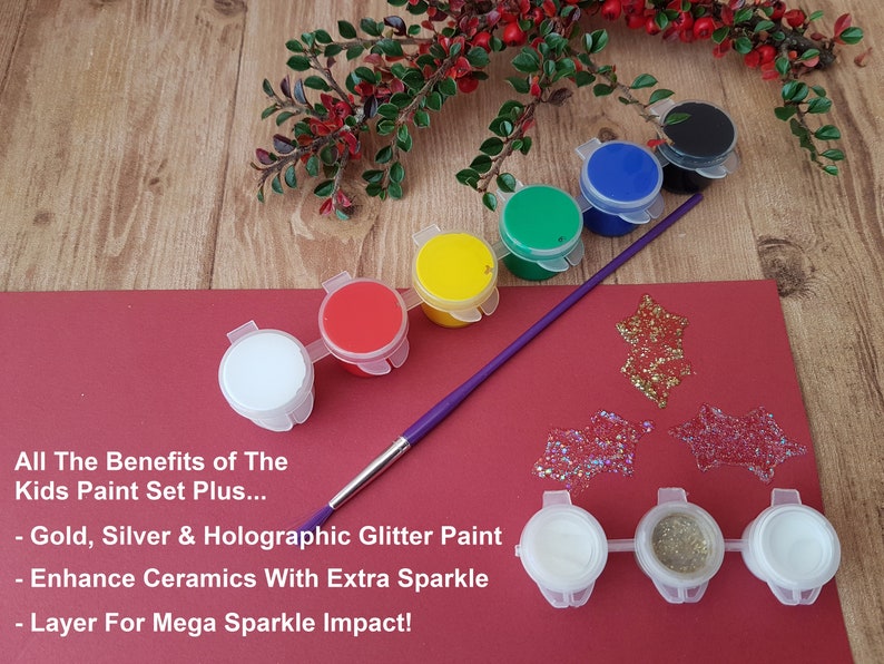 6 different coloured acrylic paints in a strip & 3 different glitters with a colourful handled childrens paintbrush
