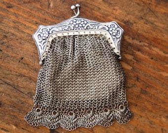 Antique Silvered Crocheted Mesh Wallet - Extra Small - Brooch / Jewelry - Made in Germany