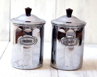 SALE - 1950s French Chromed Copper Canisters - Coffee and Chicory - Midcentury Kitchen