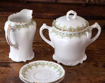 CLEARANCE - Vintage French Limoges Porcelain - Sugar Bowl and Creamer -  Jean Pouyat 1950s