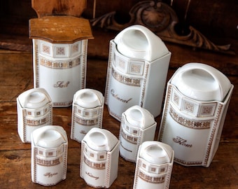 CLEARANCE - Set of 9 Vintage Lusterware Porcelain Kitchen Canisters - Made in Germany -  Mother of Pearl - White and Gold