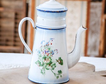 1930s French Enamel Double Coffee Pot - Japy - Pansies Flowers - French Shabby Kitchen