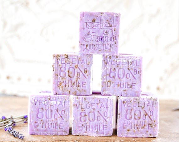 Cube 150 gr, Authentic Savon de Marseille With Crushed Lavender, 80% Extra Pure Coconut Oil Soap - Sold as a set of 2