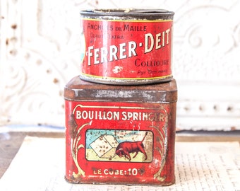 2 Vintage Fresh Kitchen Tins - Vintage French Red Kitchen Tins - Anchovies and Bouillon Cubes