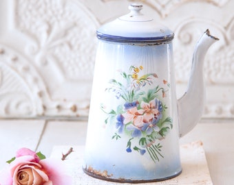 1930s French Enamel Coffee Pot / Chocolate Warmer with Wooden Handle - Japy - Roses and Pansies - French Shabby Kitchen